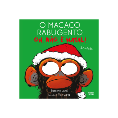 Capa de livro infantil com ilustração de macaco de óculos e chapéu de Natal