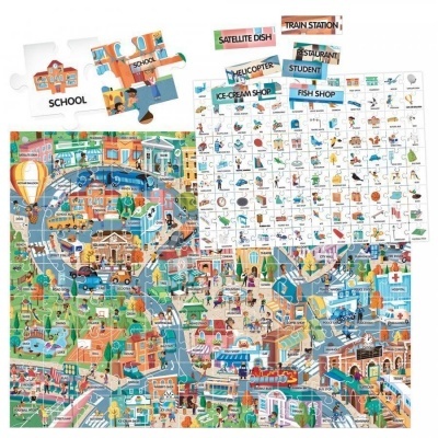 Jogo de puzzle educativo ilustrado com cidade colorida e legendas de locais