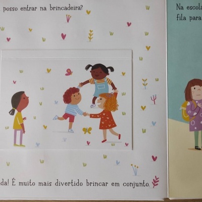 Página de livro infantil com ilustrações de crianças a brincar e texto em português europeu