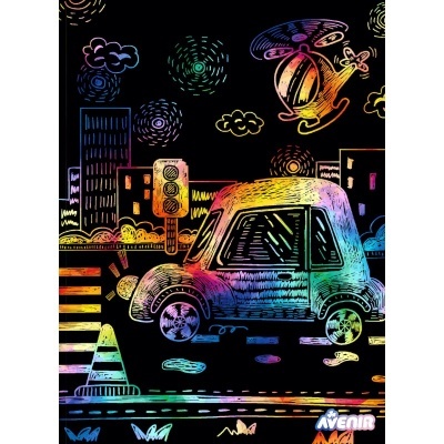 Desenho colorido de um carro num cenário urbano à noite