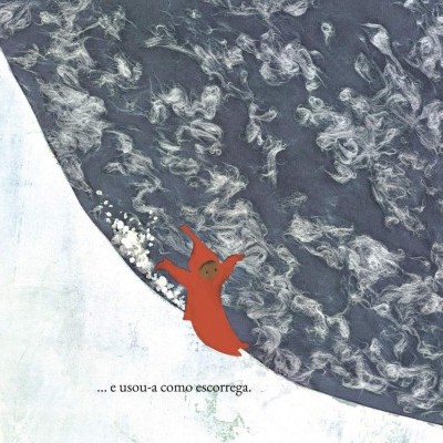 Ilustração com figura vermelha deslizando numa superfície branca curva ao lado de textura azul com desenhos brancos.