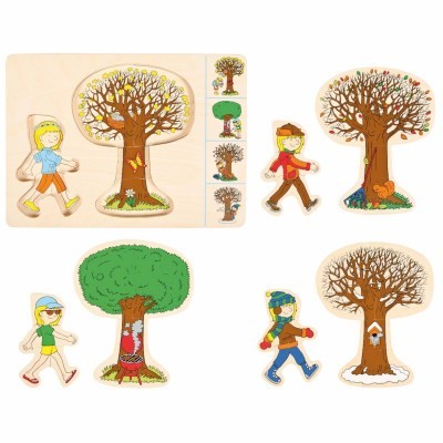 Quebra-cabeças de madeira com crianças e árvores representando as quatro estações do ano