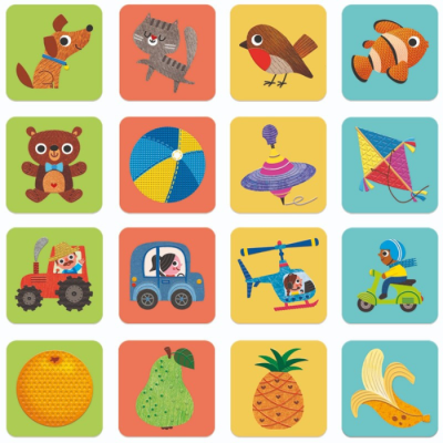 Ícones coloridos de animais, brinquedos e frutas organizados em quadrados.