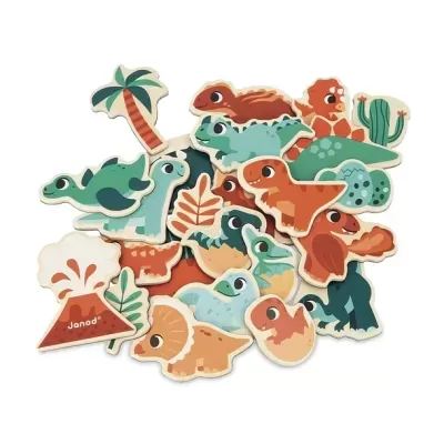 Peças de papel/cartão com ilustrações de dinossauros e elementos naturais coloridos