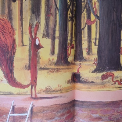 Ilustração de esquilos vermelhos numa floresta junto a um lago com escada metálica