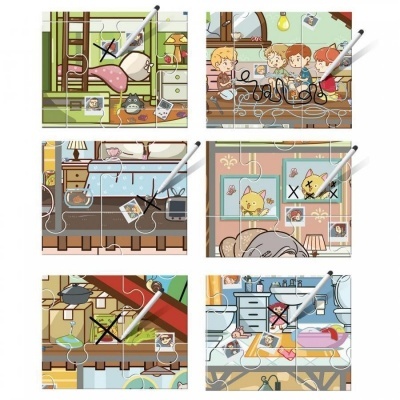 Seis ilustrações de interiores de casas com mobília, brinquedos e animais em cores suaves.