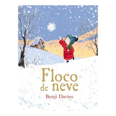 Capa de livro infantil 'Floco de neve' com criança num cenário de inverno nevado
