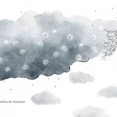 Desenho de nuvem cinzenta com estrelas e texto em português