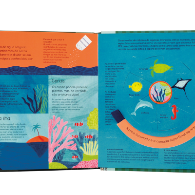 Página dupla de livro infantil colorido sobre o mar com ilustrações e texto em português.