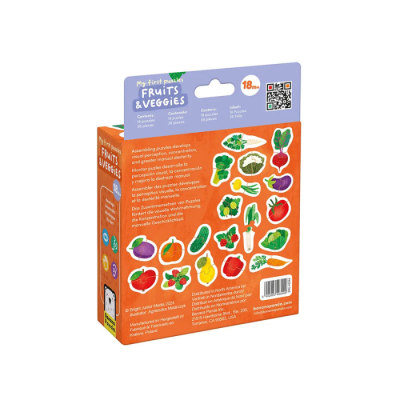 Caixa de puzzle para crianças com frutas e legumes coloridos