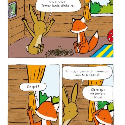 Banda desenhada com coelho e raposa dentro de casa de madeira, falando sobre dinheiro da banca da limonada.