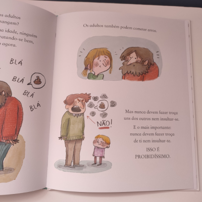 Página de livro infantil com texto e ilustrações de adultos e criança