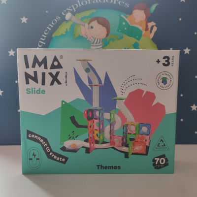 Caixa do brinquedo Magnix Slide com peças coloridas e informações para crianças a partir de 3 anos