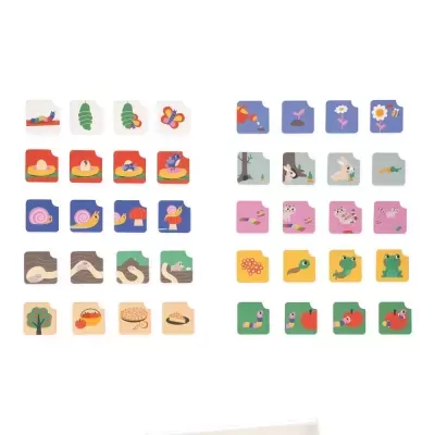 Ilustrações coloridas de objetos e animais em quadrados pequenos