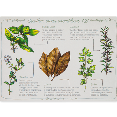 Cartão educativo sobre ervas aromáticas com desenhos e informações em português.