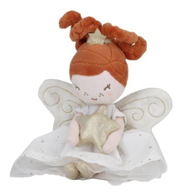 Boneca fada de peluche com vestido branco e estrelas douradas