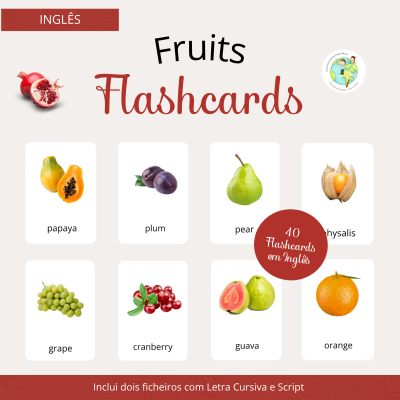 Flashcards de frutas ilustradas em inglês com fundo claro