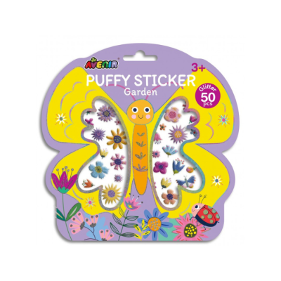 Embalagem em forma de borboleta com autocolantes em relevo coloridos de flores e joaninha