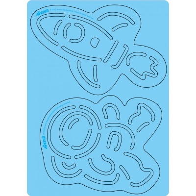 Stencil azul com recortes para desenhar uma nave espacial e um padrão arredondado