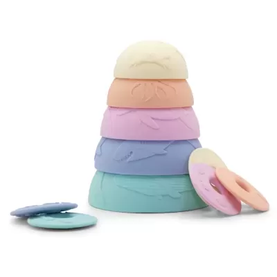 Conjunto de discos empilháveis de silicone em cores pastel com padrão floral
