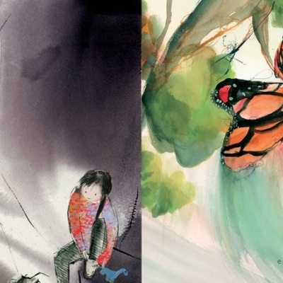 Duas pinturas em aquarela mostrando um corredor com uma figura e uma borboleta pendurada num fundo natural