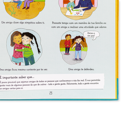 Página de livro infantil com texto e ilustrações coloridas sobre amizade