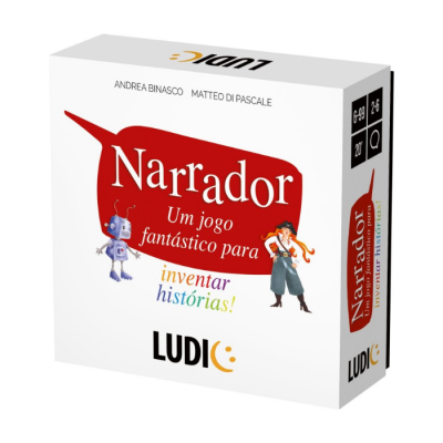 Embalagem do jogo Narrador, branco com texto vermelho e ilustrações de robô e personagem humana.