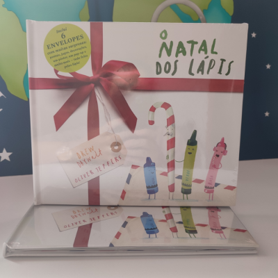 Capa do livro O Natal dos Lápis com desenhos de lápis e laço vermelho