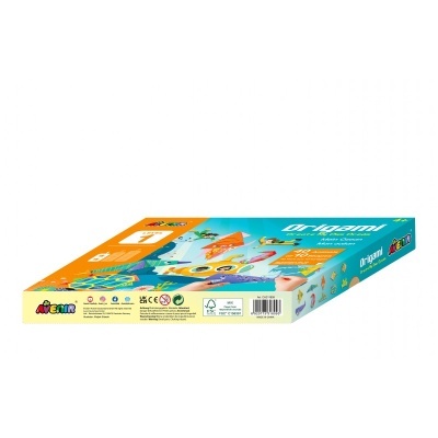 Conjunto de origami Aventri com folhas coloridas e imagens de pássaros em embalagem azul e laranja