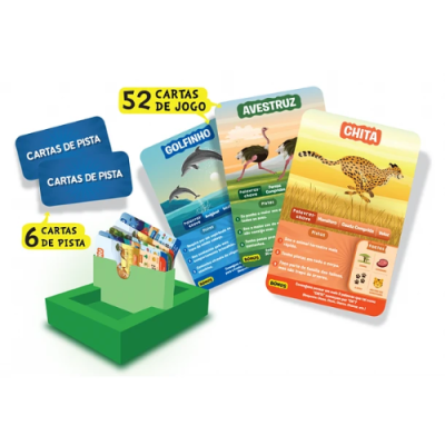 Cartas de jogo coloridas com tema de animais e cartas azuis de pista com caixa verde