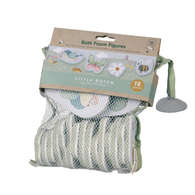 Conjunto de figuras de espuma para banho LITTLE DUTCH embalado numa rede branca com etiqueta e ventosa