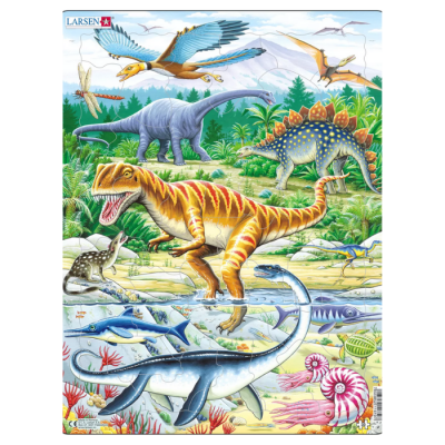 Ilustração colorida de dinossauros em diferentes habitats com texto LARSEN no canto superior esquerdo