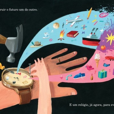 Ilustração de mão com relógio, pessoa pequena com martelo, imagens coloridas saindo do relógio sobre fundo negro