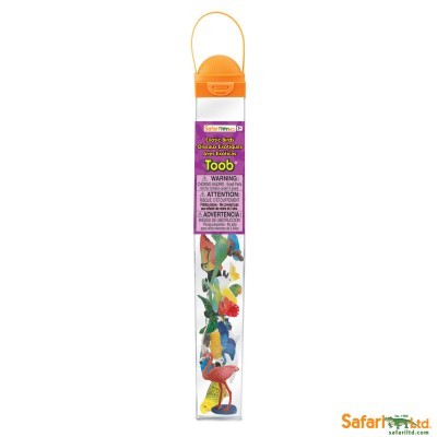 Miniaturas coloridas de dinossauros em tubo transparente com tampa laranja e rótulo roxo.