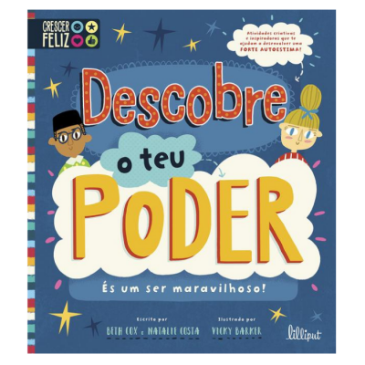 Capa de livro infantil 'Descobre o teu PODER' com fundo azul e ilustrações coloridas.