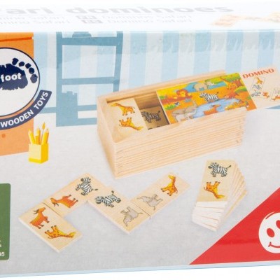 Caixa de jogo de dominó em madeira com peças ilustradas com animais.