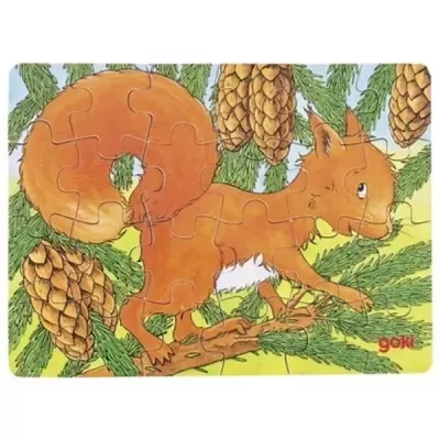 Quebra-cabeças infantil com desenho de esquilo em pinheiro e pinhas
