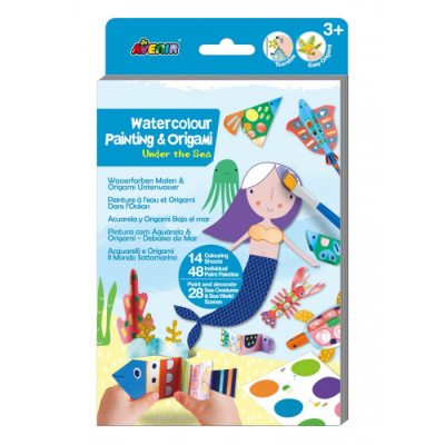 Caixa de kit de pintura com aguarelas e origami com tema marítimo e sereia