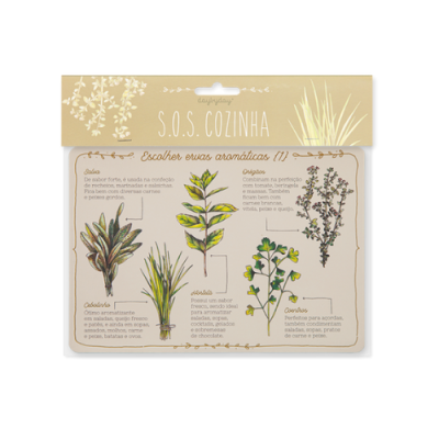 Cartão de ervas aromáticas com ilustrações e descrições em português