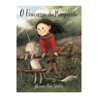 Capa do livro infantil O Unicórnio da Margarida, menina com suéter vermelho e unicórnio cinza num campo florido