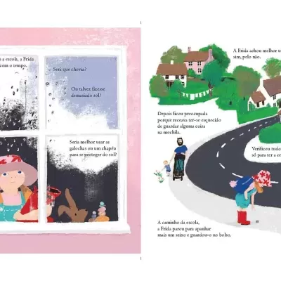 Ilustração de livro infantil com criança de chapéu e mochila junto a estrada e casas