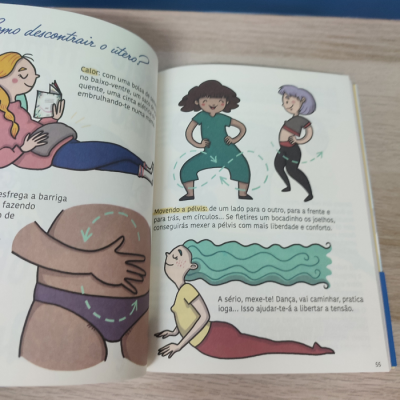 Página de livro com ilustrações de pessoas praticando exercícios e texto em português sobre descontração do útero.