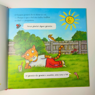 Página de livro infantil com gato deitado na relva, cerca de madeira, sol sorridente e texto em português
