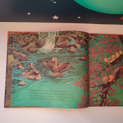 Página colorida de livro infantil com ilustrações de animais numa lagoa e vegetação vermelha