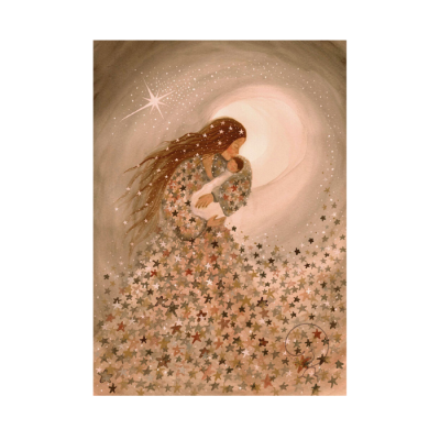 Ilustração de figura humana com vestido de estrelas segurando criança frente a fundo luminoso e estrelas