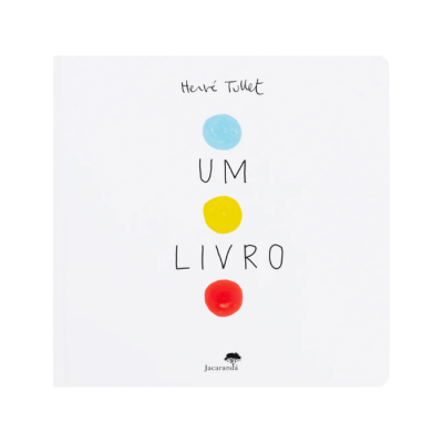 Capa branca de livro infantil com círculos azul, amarelo e vermelho e texto Um Livro