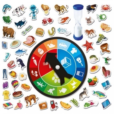 Jogo de tabuleiro com spinner colorido e várias peças ilustrando alimentos, animais e objetos