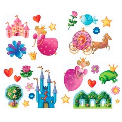 Adesivos temáticos de conto de fadas com princesa, castelos, carruagem, sapo, flores e corações