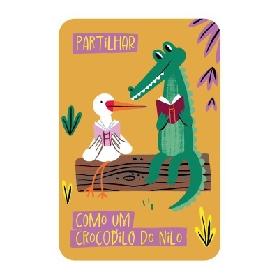 Ilustração de crocodilo verde a ler livro para cegonha branca numa superfície amarela com texto em português.