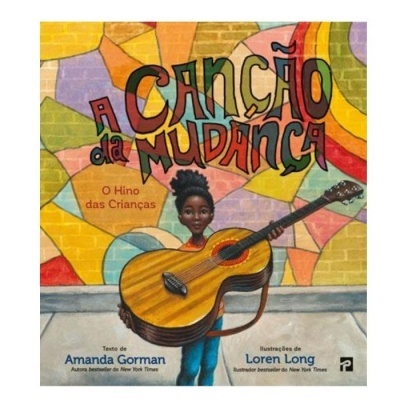 Capa de livro infantil com criança segurando violão e mural colorido ao fundo